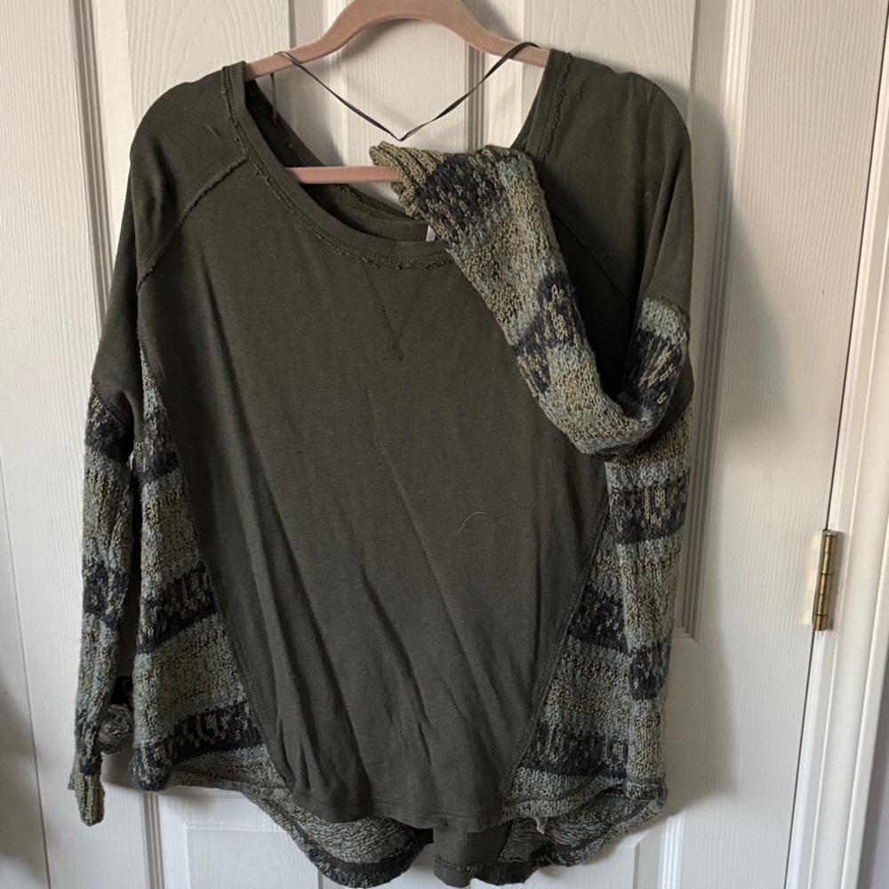Free People Olive Green Cotton Top with Patterned Sweater Accents